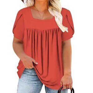 Women's Square Neck Red Tunic Top - Casual Short Sleeve